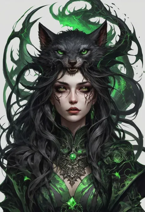 In her werewolf form, Zhyzhak becomes a towering, monstrous werewolf. Her fur is an unnaturally deep black, coiling with corrupt sigils that writhe and pulse as if alive. Her eyes burn with a toxic, venomous green, mirroring the twisted energies that drive her. Long, vicious claws extend from her hands, and her snarling maw drips with dark saliva, embodying a predator honed by pain and corruption. Zhyzhak is both revered and dreaded within the Spiral for her ruthless leadership and brutal loyalty to the Wyrm. Her presence alone sows terror, and her mastery of pain and madness is a testament to the very worst that the Spiral Dancers offer.