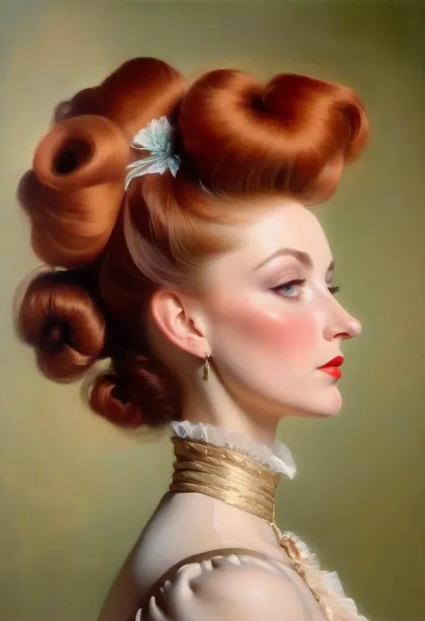 portrait of a tall and haughty Gibson Girl looking down her nose and curling her lip at the viewer, almost (unconscious), her tight fitted silk evening gown is skintight,(high necked,huge ruff collar), and very tightly corseted with very large puff sleeves. full make up, ((((gigantic breasts:1.9,round breasts, cleavage)))), red hair, (((high bouffant updo hair:1.9))), high cheekbones, perfect proportions, descending a grand staircase, Painting by John Singer Sargent,norman rockwell style,detailxl, detailed