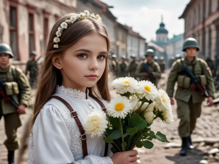 A little ukrainian girl holding a flower, russian soldiers marching in the background, (detailed skin:1.2), (skin texture:1.2), (skin pores:1.2), (goosebumps:1.2), blemishes, dry skin, (wrinkles:0.2), ambient occlusion <lora:add-detail-xl:1>, side perspective, city ruins in the background.