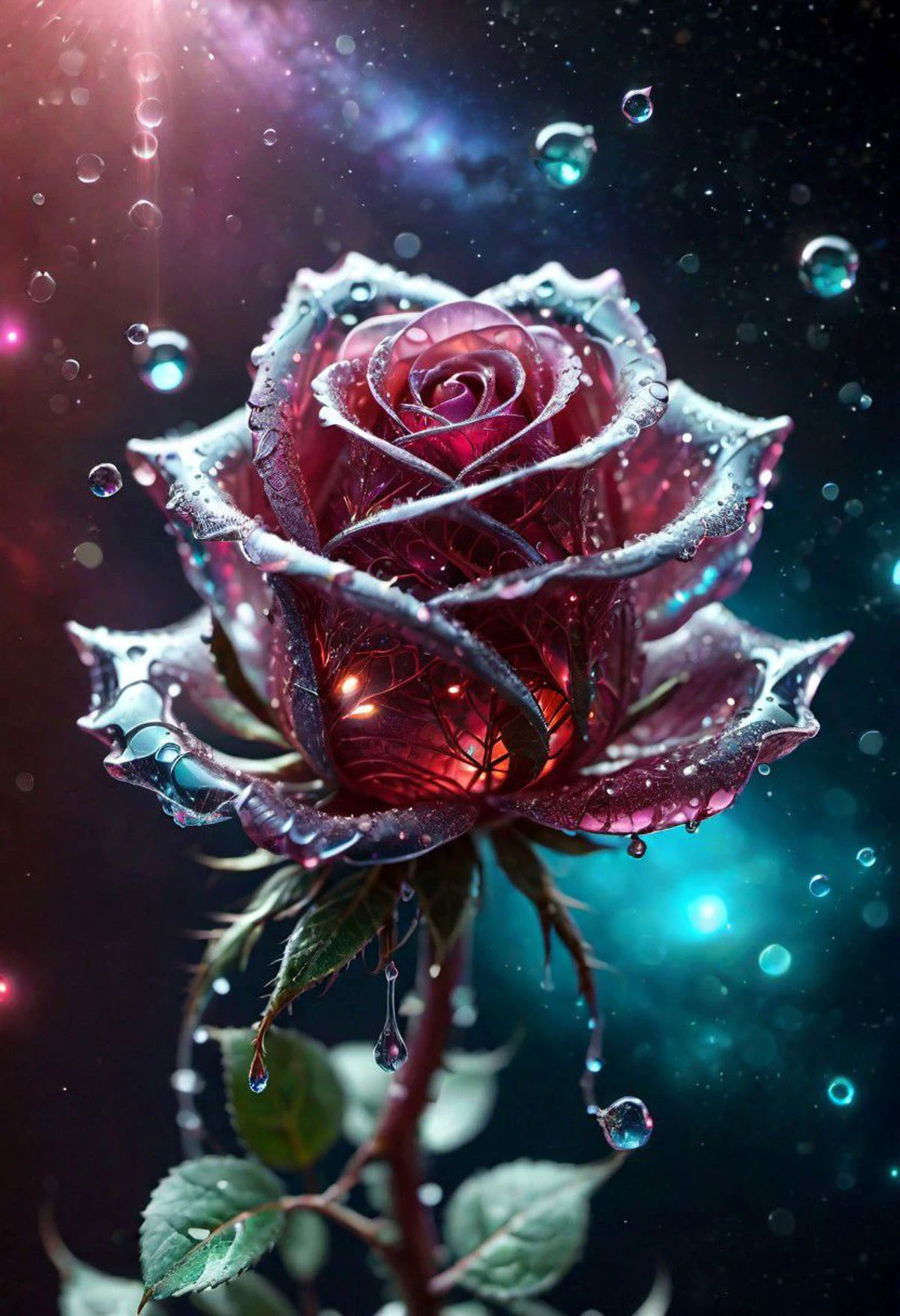 macro photo, sparkling magical fantasy glass rose dewdrop, very detailed, amazing quality, intricate, cinematic light, highly detail, beautiful, surreal, dramatic, galaxy fantasy colors, <lora:SDXLFaeTastic2400:0.5>
