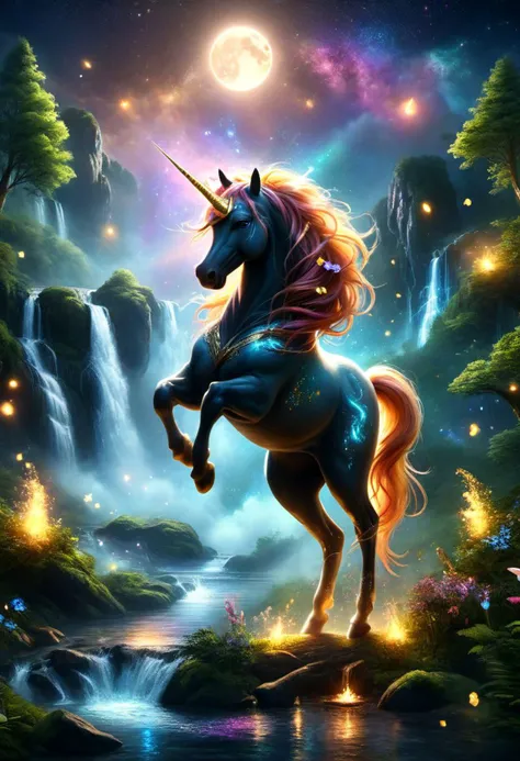 score_9, score_8_up, score_7_up, score_6_up, Unicorn, Rainbow Unicorn, Magic Forest, Night sky, moon, fireflies, waterfalls, (Masterpiece, Best Quality, 8k:1.2), (Ultra-Detailed, Highres, Extremely Detailed, Absurdres, Incredibly Absurdres, Huge Filesize:1.1), (Photorealistic:1.3), By Futurevolab, Portrait, Ultra-Realistic Illustration, Digital Painting.DonMM4g1cXL