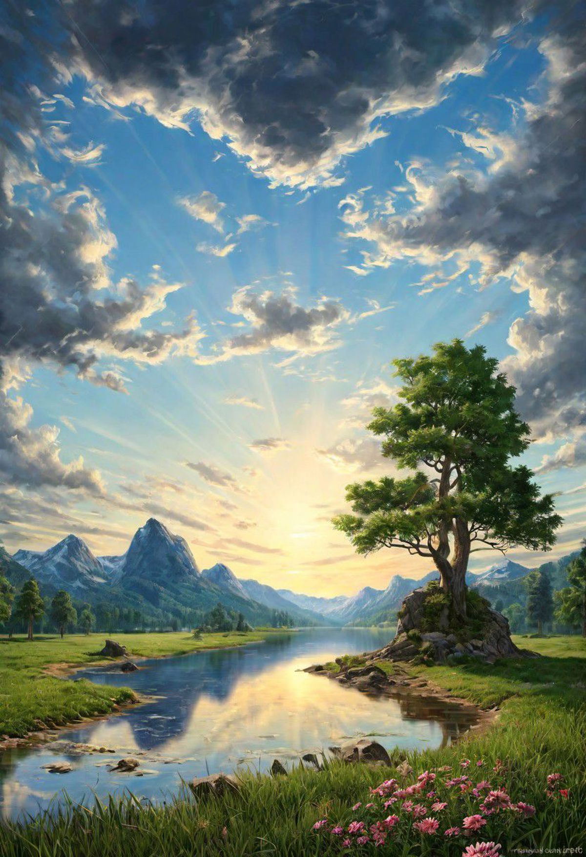 Painting of a beautiful landscape with a river and a tree - SeaArt AI