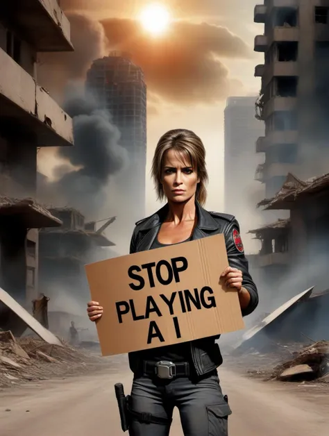 ((sarah connor from terminator)),((((holding a cardboard sign saying "STOP Playing AI !")))),bionic metal hands,pleading facial expressions,destroyed post apocalyptic city background,smoke from buildings,red sun with smog,god rays,cinematic still ,action movie, intricate detail,high texture detail,antialiased, perfect viewpoint, highly detailed, wide-angle lens, hyper realistic, with dramatic sky, polarizing filter, natural lighting, vivid colors, everything in sharp focus, UHD, 64K,HDR