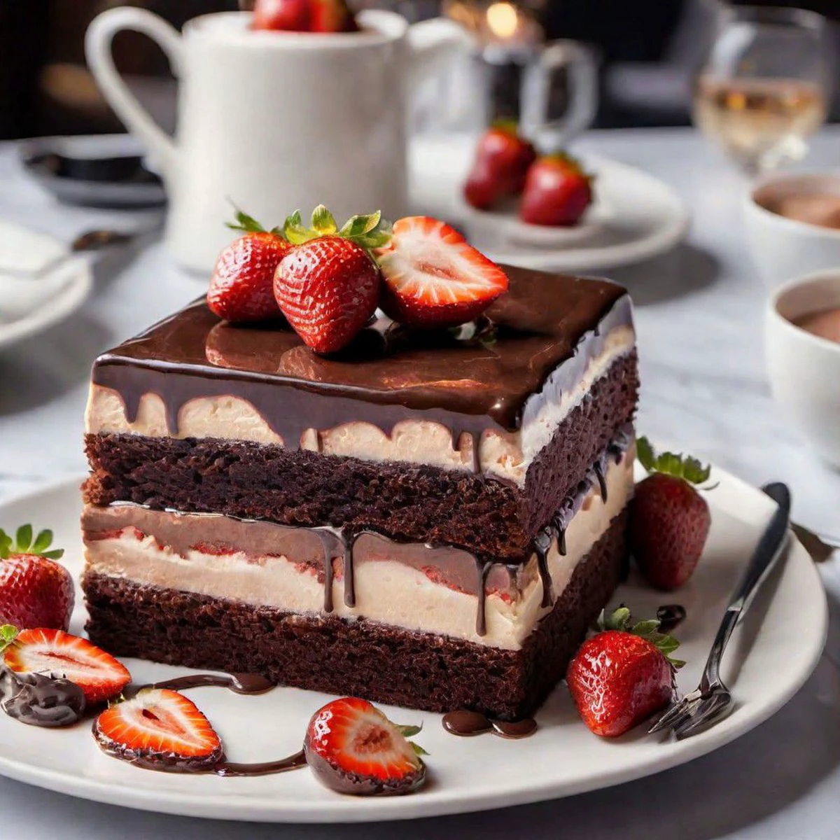 Photo of mouth-watering chocolate cake with strawberries, elegant dish in a modern cafe, culinary photography