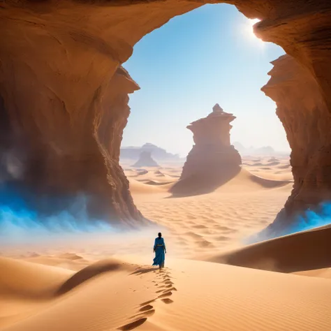 Detailed, cinematic scene of a vast blue desert, shimmering mirages revealing hidden oases and ancient cities, magical creatures emerging from the sands, ethereal winds blowing