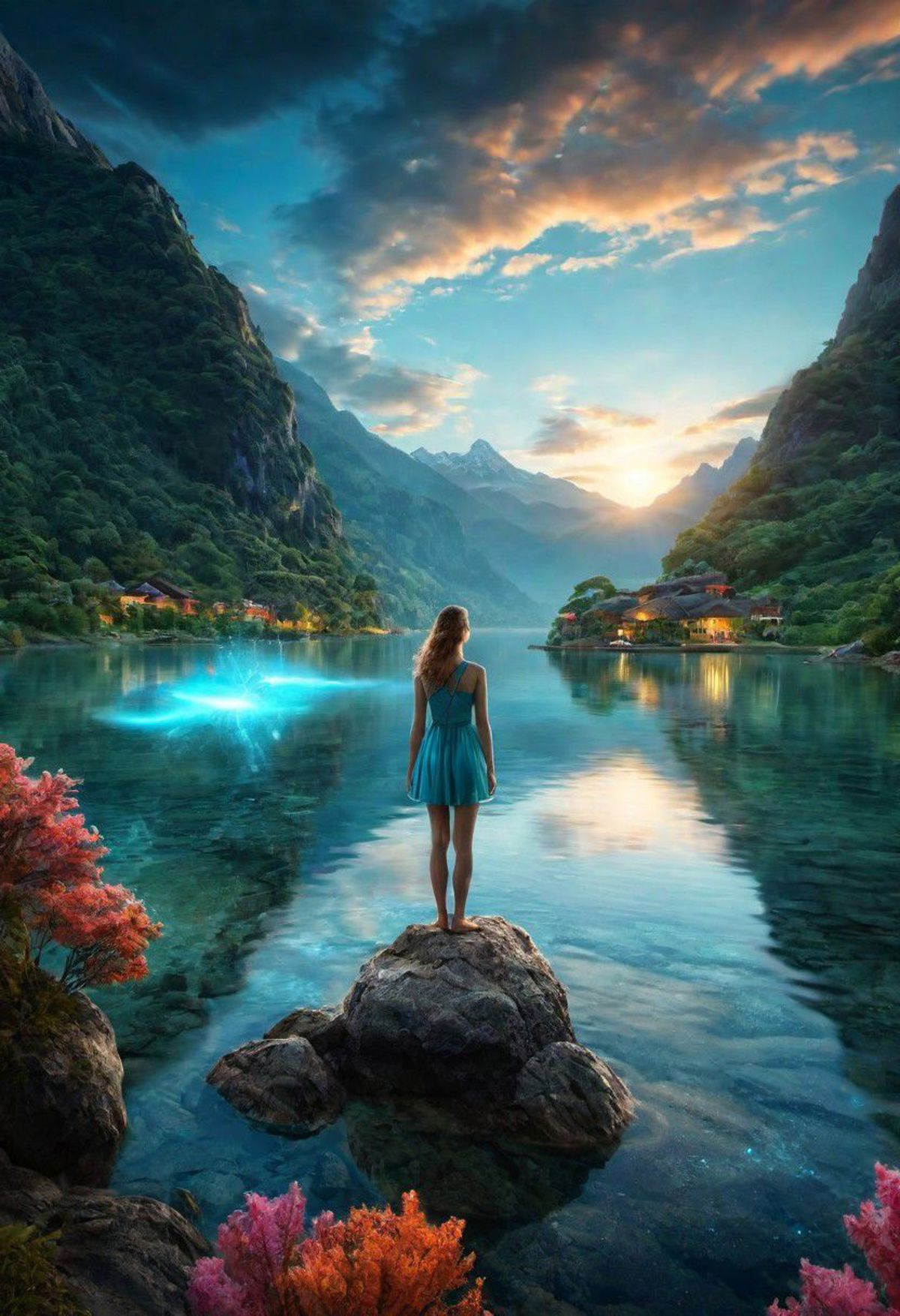 Girl Looking Over Rocks A woman standing on a rock looking out over a lake - SeaArt AI