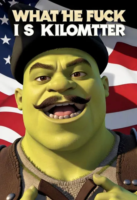 ("What*The*Fuck*Is*A*Kilometer" logo text), Action shot, Shrek1024 as soldier, (wears camouflage shirt), ((military uniforms)),(white Keffiyeh on neck), (with big mustache), ((((big cigar on his lips)))), smoking, (((sunglasses))), look at viewer, angry, v shape eyebrows, usa flag in frame, huge fire expulsion in frame, cinematic explosion style, in Afghanistan desert, full body, wide shot, highly detailed, photography, ultra sharp, film, bokeh, <lora:Shrek1024:0.8>