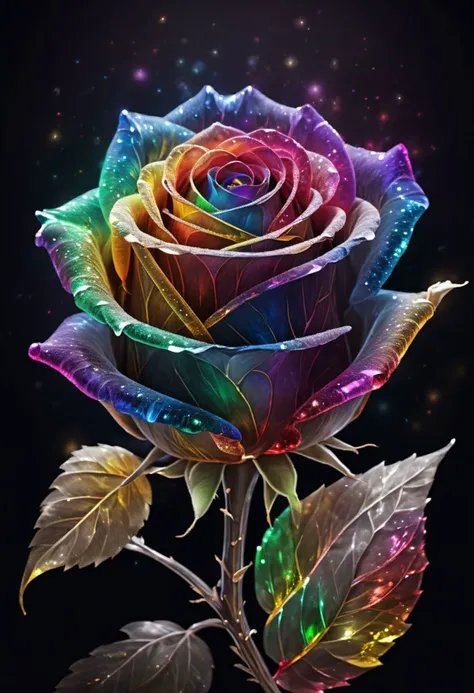 a crystal rainbow rose, dark background