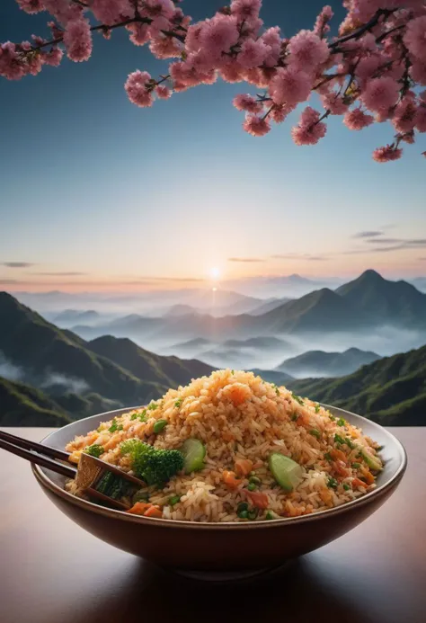 Ultra-wide photorealistic image,centered, photography, analog, | fried rice bowl dish, food photo, restaurant, table, japanese restaurant, | depth of field, bokeh, - 8k photorealistic masterpiece ,liquid tempera, calligraphy, acrylic: color watercolor, cinematic lighting, maximalist photo illustration: marton Bobzert: 8k concept art, extremely detailed, complex, elegant, vast, fantastical and psychedelic realism,
