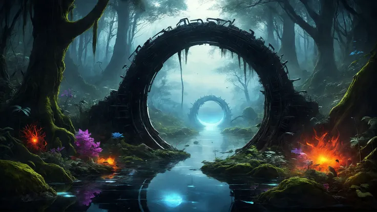 redundant dreams, hightech iridescent science-fiction portal in bioluminescent forestal swamp is a gate to another dimension, evolution of creativity, intricate detailed, amazing depth, stunning atmosphere, mesmerizing whimsical vibrant scenery, maximalism (Beautiful Outside, Ugly Inside, Stress and Pain, Beauty and Despair, Hard and Soft, Positive and Negative, Hot and Cold, Sweet and Sour, Vibrant and Dull, Perfect Harmony, Light and Dark, Hot and Cold, Old and Young, Fire and Ice, Yin and Yang, Opposites, Black and white, Hot and Cold, Organic and Mechanical, Corresponding colors, Loud and Quiet, Chaos and Peace, Night and Day:1.2) complex masterwork by head of prompt engineering <lora:add-detail-xl:2>