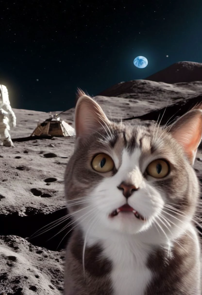 ASCII,masterpiece, hyper detailed, 8k, ray tracing, ultra sharp,
cinematic film still anime artwork, cfb ,close up of a surprised and shocked cat foreground, a mission apollo on the moon background, vibrant, highly detailed, shallow depth of field,,cinemascope, moody, epic, gorgeous, film grain, grainy,meme,parody,deep black sky