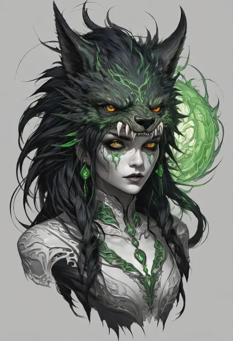 In her werewolf form, Zhyzhak becomes a towering, monstrous werewolf. Her fur is an unnaturally deep black, coiling with corrupt sigils that writhe and pulse as if alive. Her eyes burn with a toxic, venomous green, mirroring the twisted energies that drive her. Long, vicious claws extend from her hands, and her snarling maw drips with dark saliva, embodying a predator honed by pain and corruption. Zhyzhak is both revered and dreaded within the Spiral for her ruthless leadership and brutal loyalty to the Wyrm. Her presence alone sows terror, and her mastery of pain and madness is a testament to the very worst that the Spiral Dancers offer.