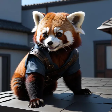 art suitable for a Magic the Gathering card that shows a red panda ninja crawling across a rooftop

high fidelity, clarity, realistic lighting, realistic shadows, Nikon 70d, 70mm, subsurface scattering, HDR, chromatic aberration, volumetrics dtx