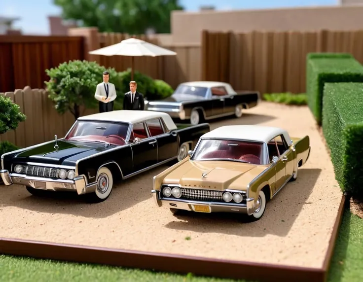 A JFK Assassination fantasy with miniature (secret service agents) & (black 1961 Lincoln Continental four) & other John F Kennedy JFK Assassination toys, (arranged in a realistic depiction of the JFK Assassination), within a backyard sandbox, background of a freshly-mowed suburban back yard at sunset., Abstraction, beautiful, downtown (Dallas book repository) in a rustic sandbox, miniature (secret service agents) & (black 1961 Lincoln Continental four) & 1963 Dallas street, backyard lawn, mid-day lighting, tilt-focus, bokeh, noon light,