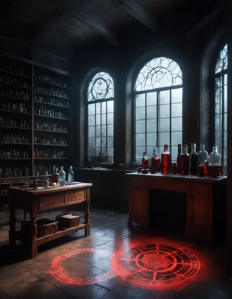 Dusty air, ray tracing,
BREAK
(focus on parchment/papers/notes with (visible magically glowing transmutation circles alchemic symbols and arcane runes:1.3) drawn on parchment, bloody fingerprints, scattered on desk and hung on walls:1.4), clear glass bottles some filled with (magical vibrant luminous red liquid glowing with evil magic:1.3) or (miniature screaming prisoners trapped in clear glass bottles:1.5), nearly empty shelves, broken glass bottles,
BREAK
(something awful happened here),
BREAK
(Glowing visible transmutation circles alchemical symbols arcane runes and arcane symbols drawn around the room and floor:1.3)
BREAK
Dark Interior, an abandoned laboratory full of many different kinds of clear glass bottles, (boarded up windows), Ominous scenery,