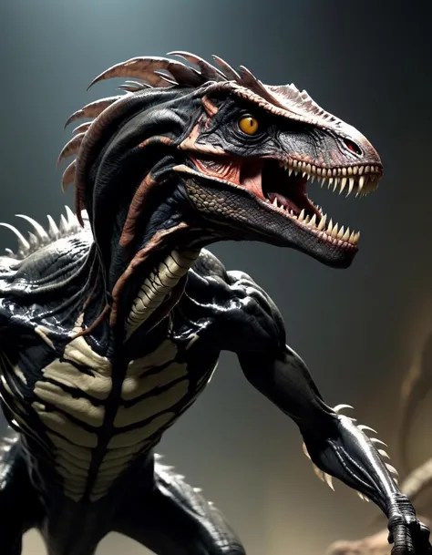 Dutch angle, A perfect (humanoid full body Venom/velociraptor hybrid:1.4) with (Venom's black tentacles coming from the back:1.4), terrifying, cinematic, 4k, 8k uhd, dslr, soft lighting, high quality, film grain, zdyna_pose,
<lora:!action-sdxl-V0.5:0.91>