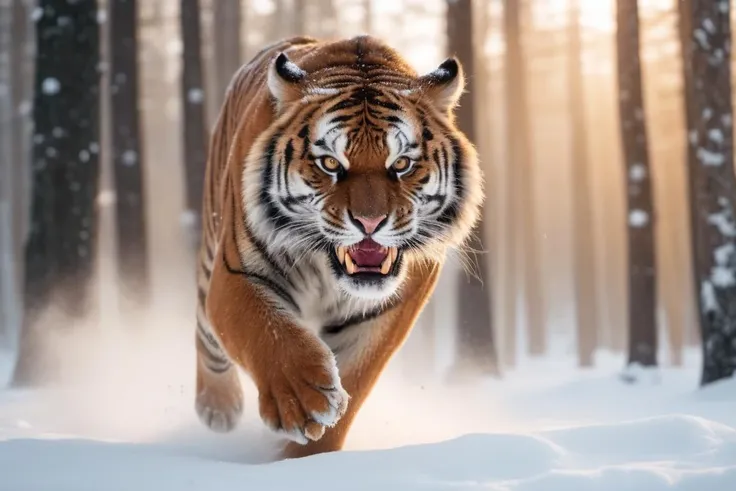 1 big angry siberian tiger running through the snowy taiga towards the camera, ultra near photo, (seeming and bloody coat:1.2), mouth wide open, (long deadly fangs), high detailed, right before attacking the camera man, in motion, award winning photo, realistic, uhd, 8k