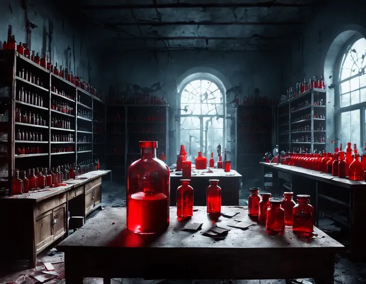 Interior abandoned laboratory, Ominous scenery, (glitching glass bottles on shelves and desk, glowing red liquid bottle), in an abandoned laboratory full of the same kinds of magical bottles and miniature screaming prisoners in glass enclosures, Ominous scenery, (glitching glass bottles on shelf and desks in background, glowing red liquid bottle), (in an abandoned laboratory full of the same kinds of magical bottles and miniature screaming prisoners in glass enclosures), (focus on scattered papers on desk with visible arcane runes drawn on them in blood:1.3), haunting, (something awful happened here),