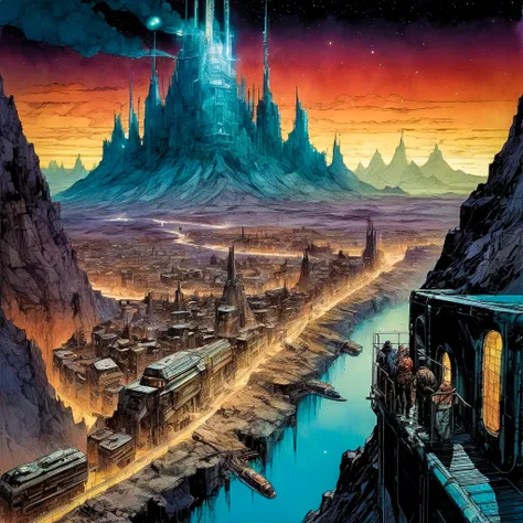 enki bilal inspired french comics art "a mountain range made entirely of glass, its peaks refracting the setting sun's light into a spectacle of colors, nestled in its valleys, a network of tunnels glowing with bio-luminescence", the contrast in colors and textures should be distinct highly detailed,sense of motion,dramatic lighting,grainy texture,vibrant yet slightly desaturated,retro-futuristic,surreal