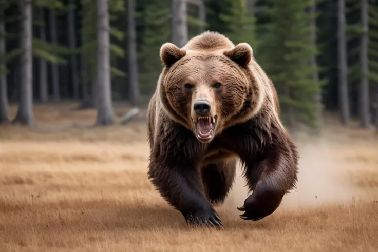 1 massive angry grizzly running through the open clearing towards the camera, (seeming and bloody coat:1.2), mouth wide open, (long deadly fangs), high detailed, right before attacking the camera man, in motion, award winning photo, photo realistic, uhd, 8k