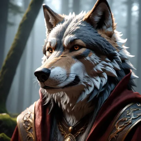 masterpiece award winning , best quality, hyper-realistic anthropomorphic wolf wizard, extreme details, volumetric lighting, cinematic scene, full focus, 16k, UHD, HDR