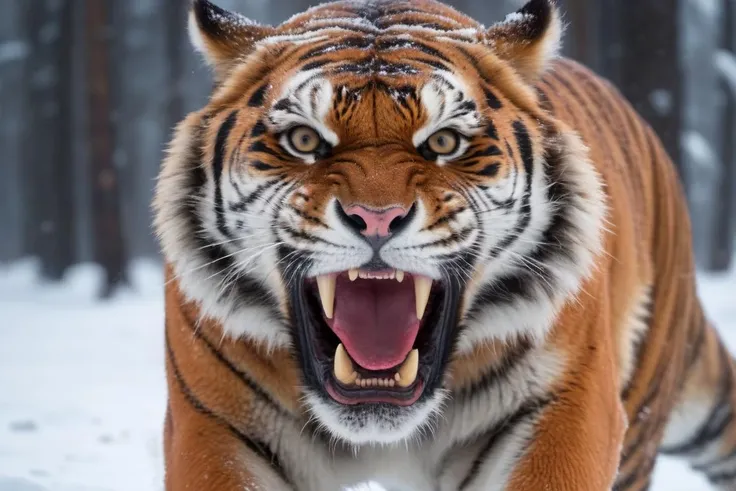 1 big angry siberian tiger running through the snowy taiga towards the camera, ultra near photo, (seeming and bloody coat:1.2), mouth wide open, (long deadly fangs), high detailed, right before attacking the camera man, in motion, award winning photo, realistic, uhd, 8k