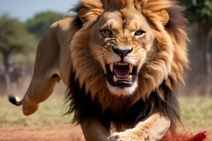 1 big very angry lion running through the safari park towards the camera, (seeming and bloody coat:1.2), mouth wide open, (long deadly fangs), high detailed, right before attacking the camera man, in motion, award winning photo, photo realistic, uhd, 8k