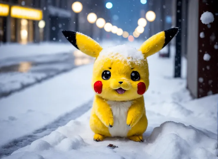 glamour shot of an abandoned sad Pikachu in the middle of a snow covered metropolis street, masterpiece, best quality, an abandoned sad Pikachu, winter, night, heavy snowfall, snowstorm, abandonment,