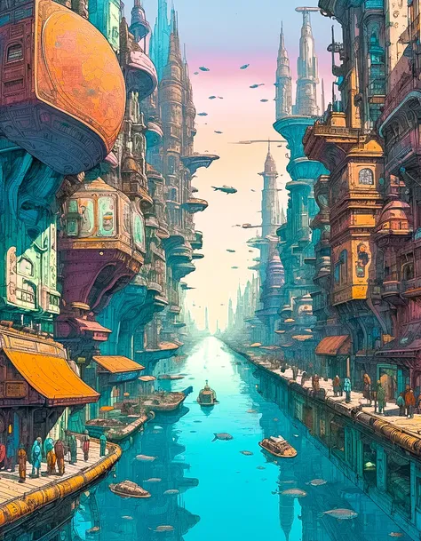 moebius,bilal inspired euro sci-fi art a bustling underwater city with different city sections reflecting varying technology levels, from high-tech metropolis to traditional markets, the contrast in colors and textures should be distinct vibrant yet slightly desaturated,grainy texture