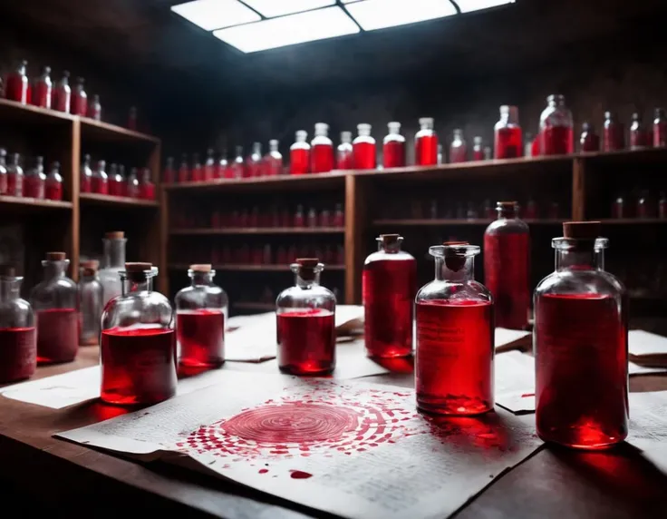 (focus on scattered papers on desk with (visible transmutation circles made of arcane runes) drawn on them in blood, bloody fingerprints:1.4), haunting, (something awful happened here),
Dark Interior abandoned laboratory, Ominous scenery, (a few glitching clear glass bottles on desk, glowing red liquid inside clear glass bottle), in an abandoned laboratory full of the same kinds of magical bottles and miniature screaming prisoners in glass enclosures, empty shelves, Ominous scenery, a few glitching clear glass bottles on desk, glowing red liquid inside clear glass bottle, (in an abandoned laboratory full of the same kinds of magical bottles and miniature screaming prisoners in glass enclosures), (focus on scattered papers on desk with (visible transmutation circles made of arcane runes) drawn on them in blood, bloody fingerprints:1.4), haunting, (something awful happened here), boarded up windows,