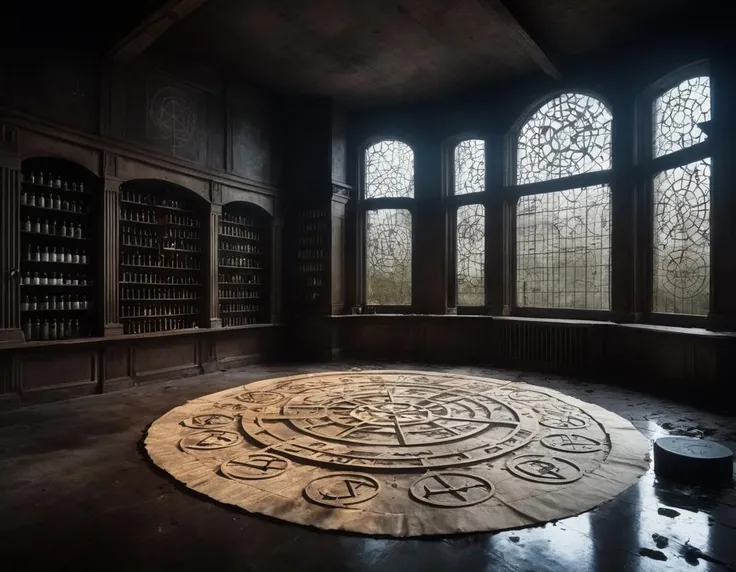 (something awful happened here),
BREAK
(focus on parchment/papers/notes with (visible transmutation circles, alchemic symbols, arcane runes:1.3) drawn on parchment, bloody fingerprints, scattered on desk and hung on walls:1.4),
clear glass bottles in laboratory some filled with (vibrant red liquid glowing with evil magic:1.3) or (miniature screaming prisoners trapped in clear glass bottles:1.3), nearly empty shelves,
BREAK
(visible transmutation circles, alchemy, arcane runes, arcane symbols drawn around the room and floor:1.3)
BREAK
Dark Interior, an abandoned laboratory full of many different kinds of clear glass bottles, (boarded up windows), Ominous scenery,