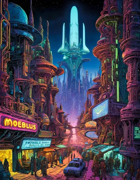 moebius,druillet inspired heavy metal art a futuristic city during a neon-lit night , each building holds a different ecosystem, from high-tech metropolis to traditional markets, the contrast in colors and textures should be distinct surreal,dramatic lighting,sense of motion,grainy texture,highly detailed