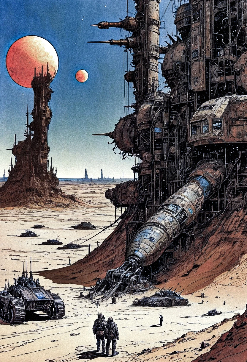 enki bilal,philippe druillet,moebius inspired french comics art "a vast desert filled with colossal, rusting machines of war, half-buried in the sand, a dying sun casting long shadows over the scene, adding to the eerie sense of a long-forgotten battlefield", the contrast in colors and textures should be distinct highly detailed,surreal,vibrant yet slightly desaturated