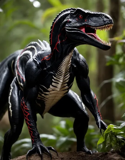 A perfect (humanoid full body Venom/velociraptor hybrid:1.5) with (Venom's black tentacles coming from the back:1.5), cinematic, 4k, 8k uhd, dslr, soft lighting, high quality, film grain