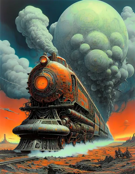 philippe druillet inspired euro sci-fi art "a massive, living train, its body a combination of flesh and steel, charging across a barren, post-apocalyptic landscape, spewing clouds of steam and bio-luminescent spores", the contrast in colors and textures should be distinct surreal,grainy texture,retro-futuristic,dramatic lighting