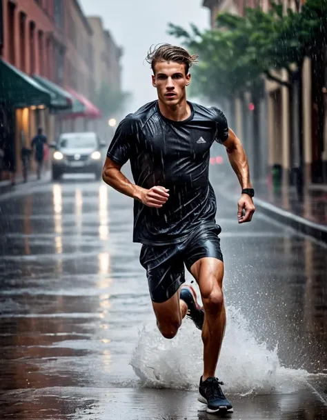 masterpiece, best quality, young man, athletic twunk, running on sidewalk, sport shorts, trainers, t-shirt, wet, wet clothes, rain, realistic, dramatic lighting, atmospheric, intricate detail, ((street background)),