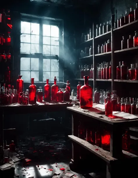 Interior abandoned laboratory, Ominous scenery, (glitching glass bottles on shelves and desk, glowing red liquid bottle:1.2), in an abandoned laboratory full of the same kinds of magical bottles and miniature screaming prisoners in glass enclosures, Ominous scenery, (glitching glass bottles on shelf and desks in background, glowing red liquid bottle), (in an abandoned laboratory full of the same kinds of magical bottles and miniature screaming prisoners in glass enclosures:1.2), focus on scattered papers on desk with visible arcane runes drawn on them in blood, haunting, (something awful happened here),
