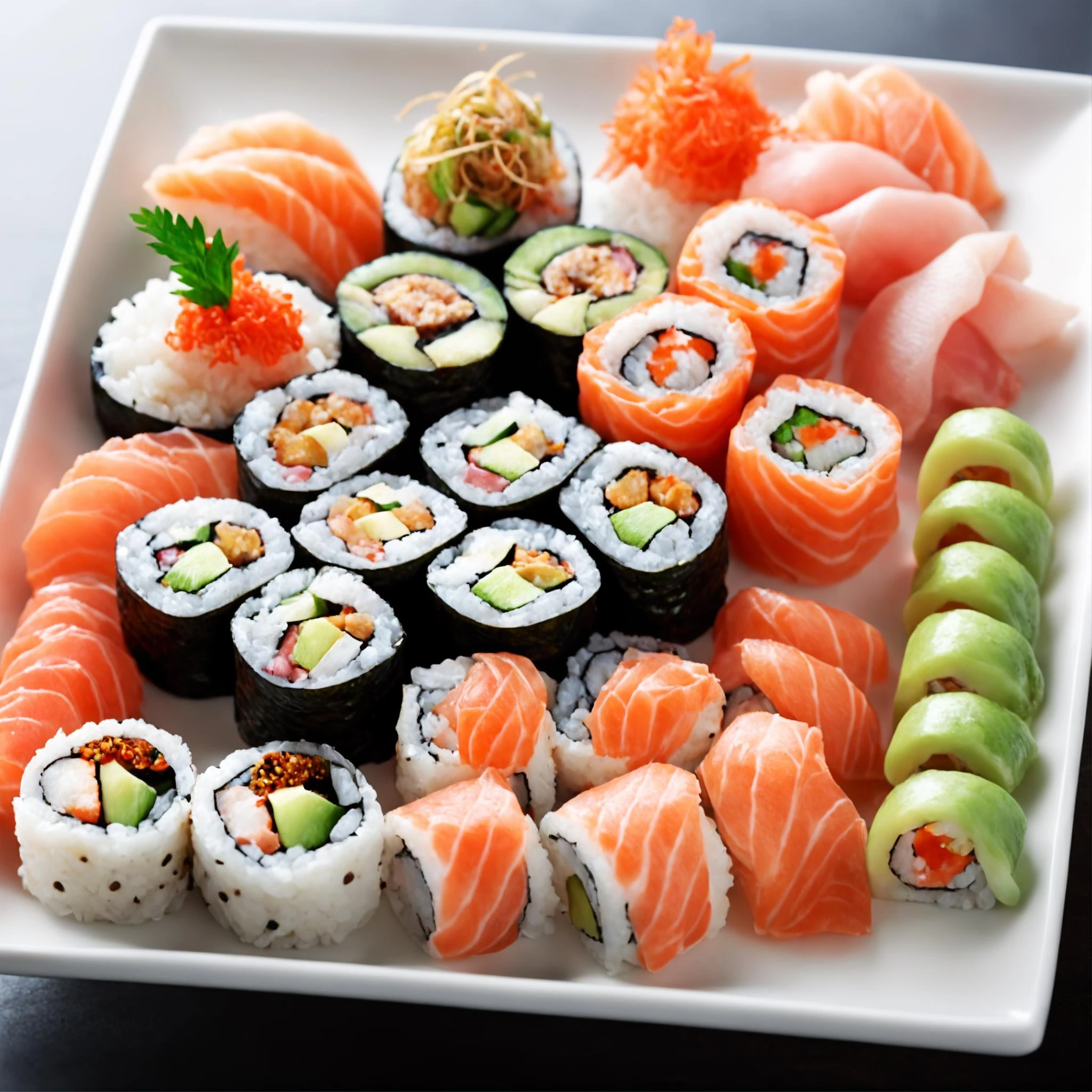 A magazine photograph of an incredible assortment of sliced sushi rolls made by Chef Gordan Ramsey, with smoked salmon & tuna & eel & roe & avocado & octopus & wasabi arranged in the Japanese manner with chop-sticks and a Japanese bottled beer & tall glass, trending & awarded photo by the acclaimed photographer, bokeh, f1.8, cinematic lighting, centered composition