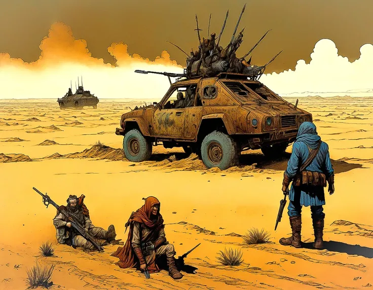 moebius,enki bilal inspired french comics art "a band of post-apocalyptic survivors navigating through a desolate landscape, their modified vehicles bristling with makeshift armor and weapons, in the distance, a giant sandstorm is closing in", the contrast in colors and textures should be distinct grainy texture,highly detailed,surreal,dramatic lighting