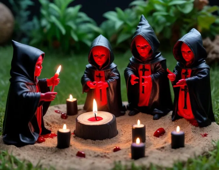 A satanic cult fantasy with miniature (hooded cultists) & (blood splattered black ritualistic altar) & other satanic cult toys, (arranged in a realistic depiction of a human sacrifice ritual), within a backyard sandbox, background of a freshly-mowed suburban back yard at sunset., Abstraction, beautiful, ancient neolithic ruins in a rustic sandbox, miniature lit candles, miniature (hooded cultists) & (blood splattered black ritualistic altar) & 
miniature satanic effigy, backyard lawn, midnight, indirect moonlight, tilt-focus, bokeh, candlelight,