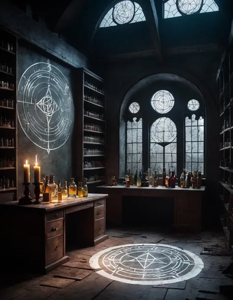 (something awful happened here),
BREAK
(focus on parchment/papers/notes with (visible transmutation circles, alchemic symbols, arcane runes:1.3) drawn on parchment, bloody fingerprints, scattered on desk and hung on walls:1.4),
clear glass bottles in laboratory some filled with (glowing1.3) red liquid or (miniature screaming prisoners trapped in clear glass bottles:1.3), nearly empty shelves,
BREAK
(visible transmutation circles, alchemy, arcane runes, arcane symbols drawn around the room and floor:1.3)
BREAK
Dark Interior, an abandoned laboratory full of many different kinds of clear glass bottles, boarded up windows, Ominous scenery,