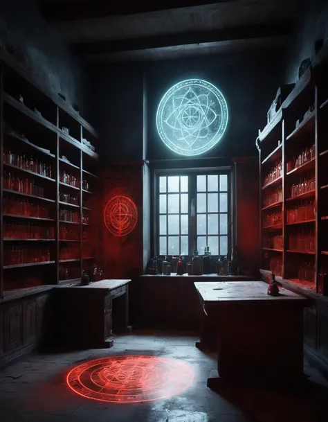 Nighttime, interior, Dusty air, ray tracing, moonbeams,
BREAK
(focus on parchment/papers/notes with (visible magically glowing transmutation circles alchemic symbols and arcane runes:1.3) drawn on parchment, bloody fingerprints, scattered on desk and hung on walls:1.4), clear glass bottles some filled with (magical vibrant luminous red liquid glowing with evil magic:1.3) or (miniature screaming prisoners trapped in clear glass bottles:1.5), nearly empty shelves, broken glass bottles,
BREAK
(something awful happened here),
BREAK
(Glowing visible transmutation circles alchemical symbols arcane runes and arcane symbols painted in several locations around the room and floor:1.5)
BREAK
Dark Interior, a large abandoned laboratory full of many different kinds of clear glass bottles, (boarded up windows), Ominous scenery,