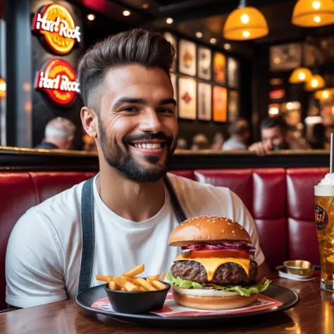 man at hard rock cafe, eating the most beautiful burger in the world, 8K,instagram, foodie