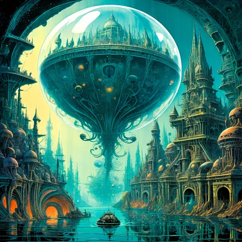 philippe druillet inspired metal hurlant art "an underwater city encapsulated in a giant bubble, its architecture reminiscent of an ancient civilization, yet infused with advanced technology, outside, monstrous sea creatures roam the deep", the contrast in colors and textures should be distinct sense of motion,grainy texture,retro-futuristic,surreal,vibrant yet slightly desaturated,highly detailed