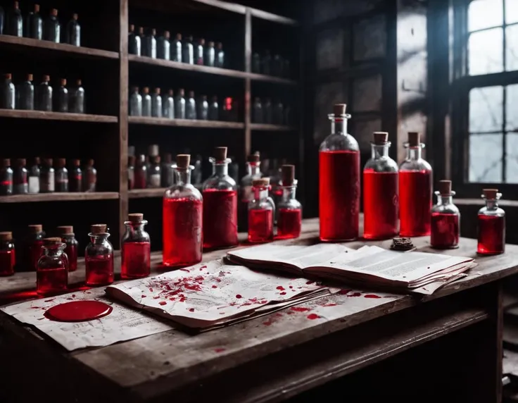 (focus on scattered papers on desk with (visible transmutation circles made of arcane runes) drawn on them in blood, bloody fingerprints:1.4), haunting, (something awful happened here),
Dark Interior abandoned laboratory, Ominous scenery, a few glitching clear glass bottles on desk, glowing red liquid inside clear glass bottle, in an abandoned laboratory full of the same kinds of magical bottles and miniature screaming prisoners in glass enclosures, empty shelves, Ominous scenery, a few glitching clear glass bottles on desk, glowing red liquid inside clear glass bottle, (in an abandoned laboratory full of the same kinds of magical clear bottles both empty and (filled with miniature screaming prisoners in clear glass bottles)), (focus on scattered papers hung on walls and scattered on desk with (visible transmutation circles made of arcane runes) drawn on them in blood, bloody fingerprints:1.4), haunting, (something awful happened here), boarded up windows,
