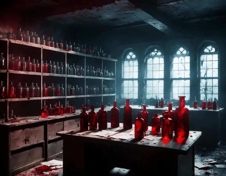 Interior abandoned laboratory, Ominous scenery, (a few glitching glass bottles on desk, glowing red liquid inside glass bottle), in an abandoned laboratory full of the same kinds of magical bottles and miniature screaming prisoners in glass enclosures, empty shelves, Ominous scenery, a few glitching glass bottles on desk, glowing red liquid inside glass bottle, (in an abandoned laboratory full of the same kinds of magical bottles and miniature screaming prisoners in glass enclosures), (focus on scattered papers on desk with visible arcane runes drawn on them in blood, bloody fingerprints:1.4), haunting, (something awful happened here),