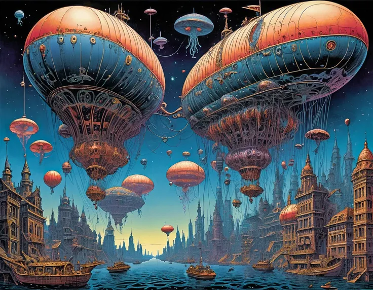 philippe druillet,moebius,enki bilal inspired heavy metal art "a convoy of fantastical airships, their balloon-like bodies blooming with colorful fungi, sailing across a sky filled with floating, jellyfish-like creatures, beneath them a sprawling city of domed buildings and spires", the contrast in colors and textures should be distinct vibrant yet slightly desaturated,grainy texture,sense of motion,dramatic lighting,retro-futuristic