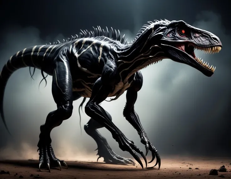 A perfect (humanoid full body Venom/velociraptor hybrid:1.4) with (Venom's black tentacles coming from the back:1.4), terrifying, cinematic, 4k, 8k uhd, dslr, soft lighting, high quality, film grain