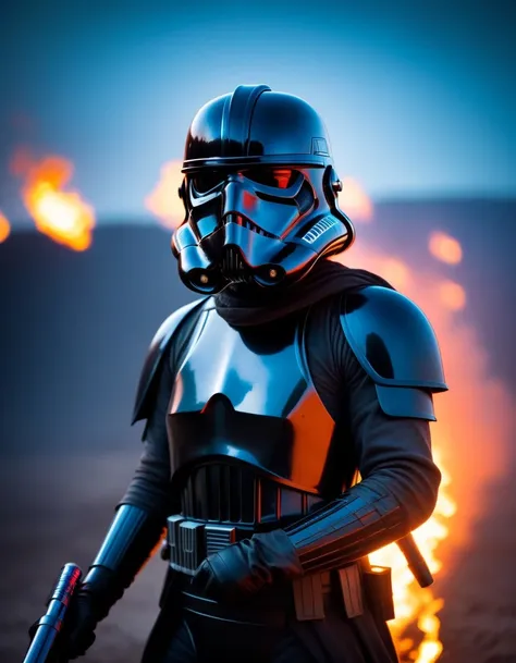 raw photo, sci-fi, shadow stormtrooper sith, [bold contrasts], depth of field, sharp focus, bokeh, gritty atmosphere, mad max, apocalyptic, fire, night sky  <lora:offset_0.2:0.9>, holding light saber