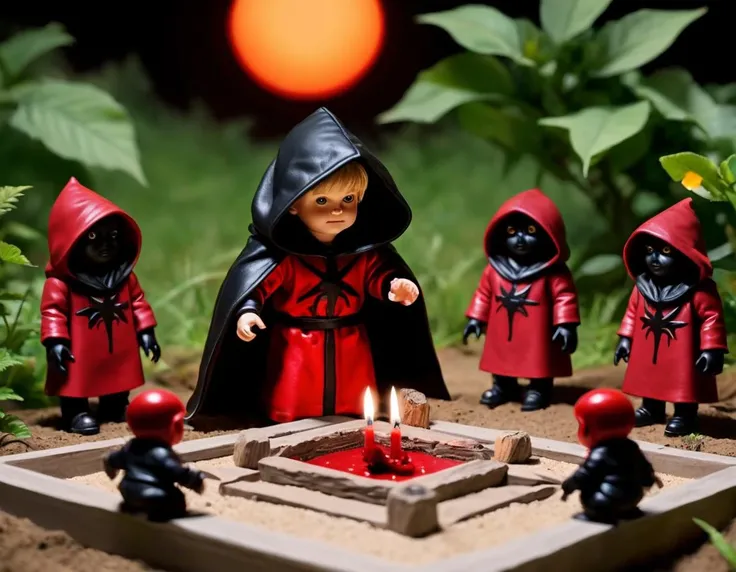 A satanic cult fantasy with miniature (hooded cultists) & (blood splattered black ritualistic altar) & other satanic cult toys, (arranged in a realistic depiction of a human sacrifice ritual), within a backyard sandbox, background of a freshly-mowed suburban back yard at sunset., Abstraction, beautiful, ancient neolithic ruins in a rustic sandbox, miniature (hooded cultists) & (blood splattered black ritualistic altar) & satanic effigy, backyard lawn, midnight, indirect moonlight, tilt-focus, bokeh, moon light,